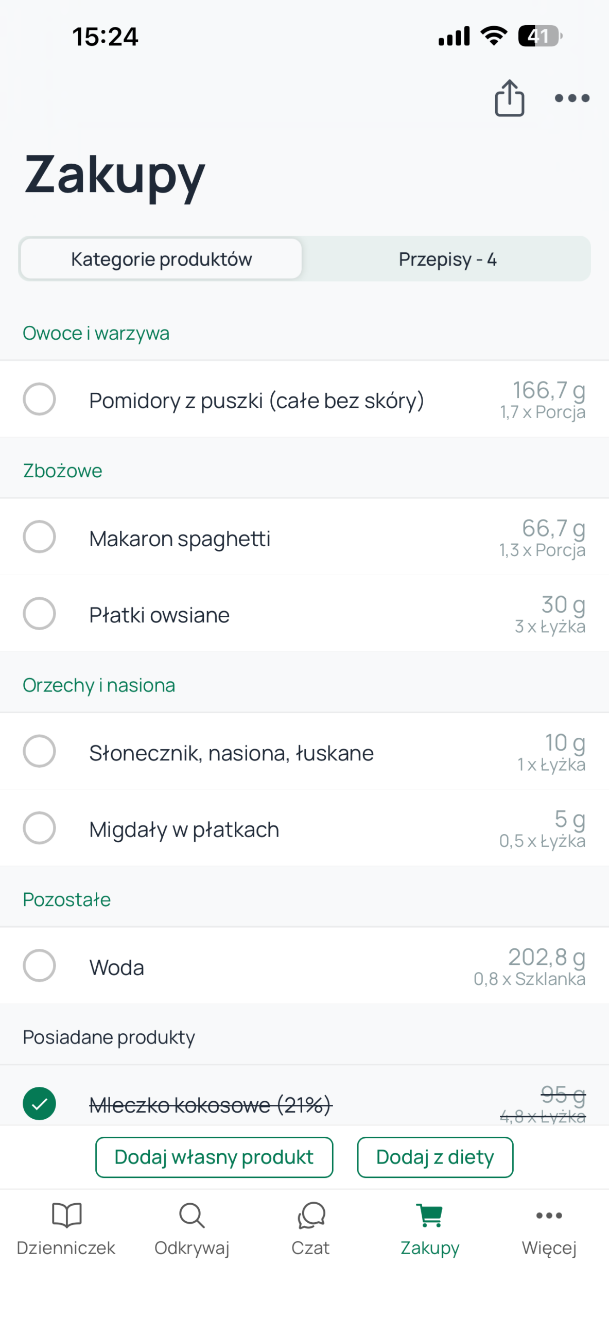 Ekran aplikacji — lista zakupów