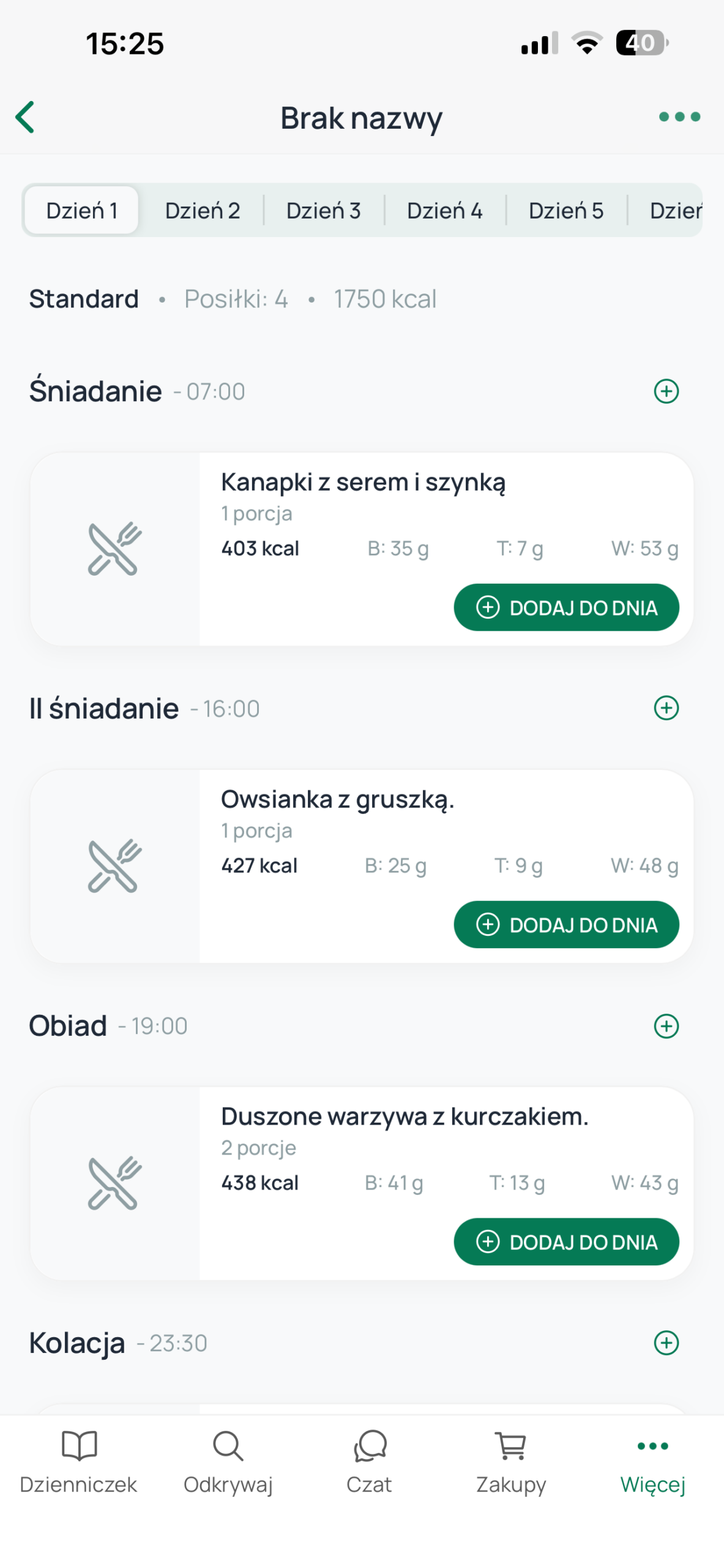 Ekran aplikacji — jadłospis